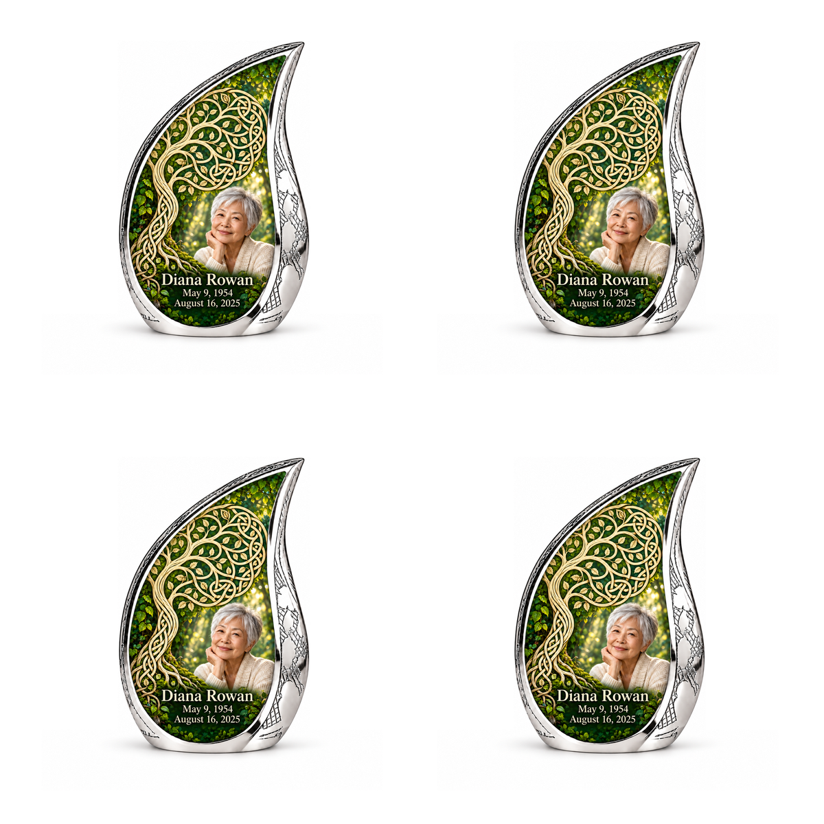 Personalized Tree of Life Curved Drop urn, 4 Keepsake 3 inch Urns; matching example portrait and full memorial dates