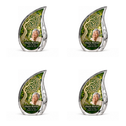 Personalized Tree of Life Curved Drop urn, 4 Keepsake 3 inch Urns; matching example portrait and full memorial dates