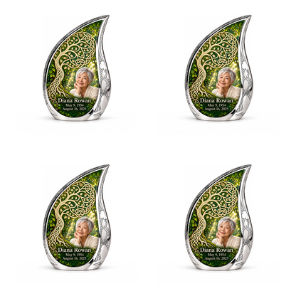 Personalized Tree of Life Curved Drop urn, 4 Keepsake 3 inch Urns; matching example portrait and full memorial dates