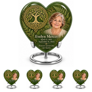 Personalized Tree of Life Heart urn, 10 inch large Urn with 4 Keepsake 3 Inch Urns; matching example portrait and full memorial dates