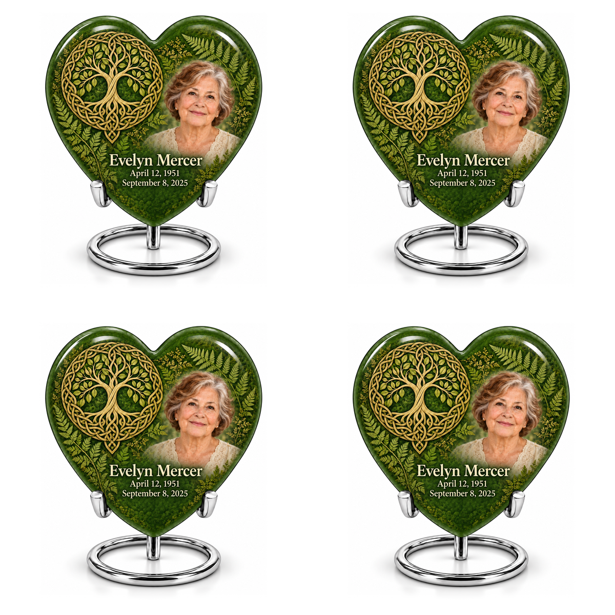 Personalized Tree of Life Heart urn, 4 Keepsake 3 inch Urns; matching example portrait and full memorial dates