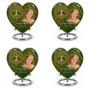Personalized Tree of Life Heart urn, 4 Keepsake 3 inch Urns; matching example portrait and full memorial dates