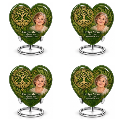 Personalized Tree of Life Heart urn, 4 Keepsake 3 inch Urns; matching example portrait and full memorial dates
