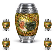 Personalized Tree of Life Monar urn, 10 inch large Urn with 4 Keepsake 3 Inch Urns; matching example portrait and full memorial dates