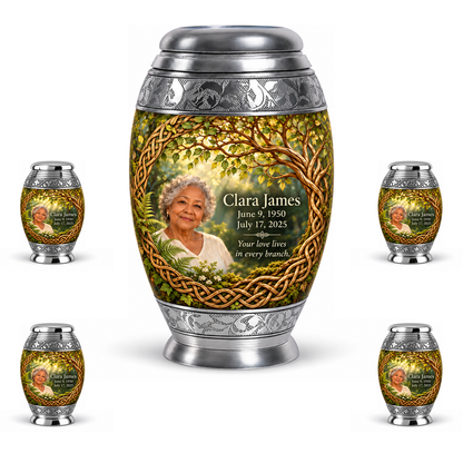 Personalized Tree of Life Monar urn, 10 inch large Urn with 4 Keepsake 3 Inch Urns; matching example portrait and full memorial dates