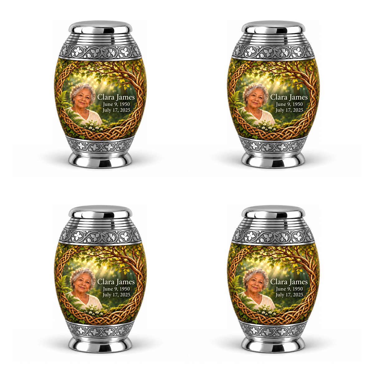 Personalized Tree of Life Monar urn, 4 Keepsake 3 inch Urns; matching example portrait and full memorial dates