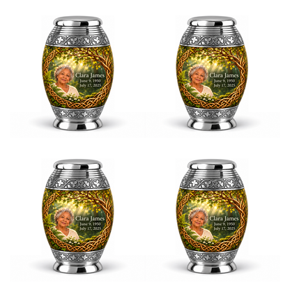 Personalized Tree of Life Monar urn, 4 Keepsake 3 inch Urns; matching example portrait and full memorial dates