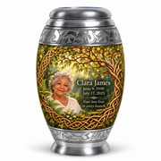 Personalized Tree of Life Monar urn, 10 inch large Urn; matching example portrait and full memorial dates