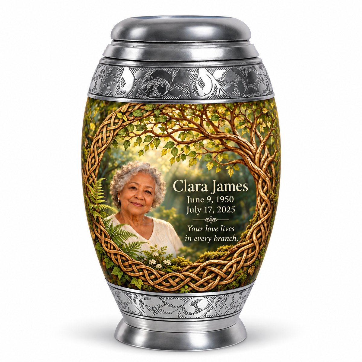 Personalized Tree of Life Monar urn, 10 inch large Urn; matching example portrait and full memorial dates