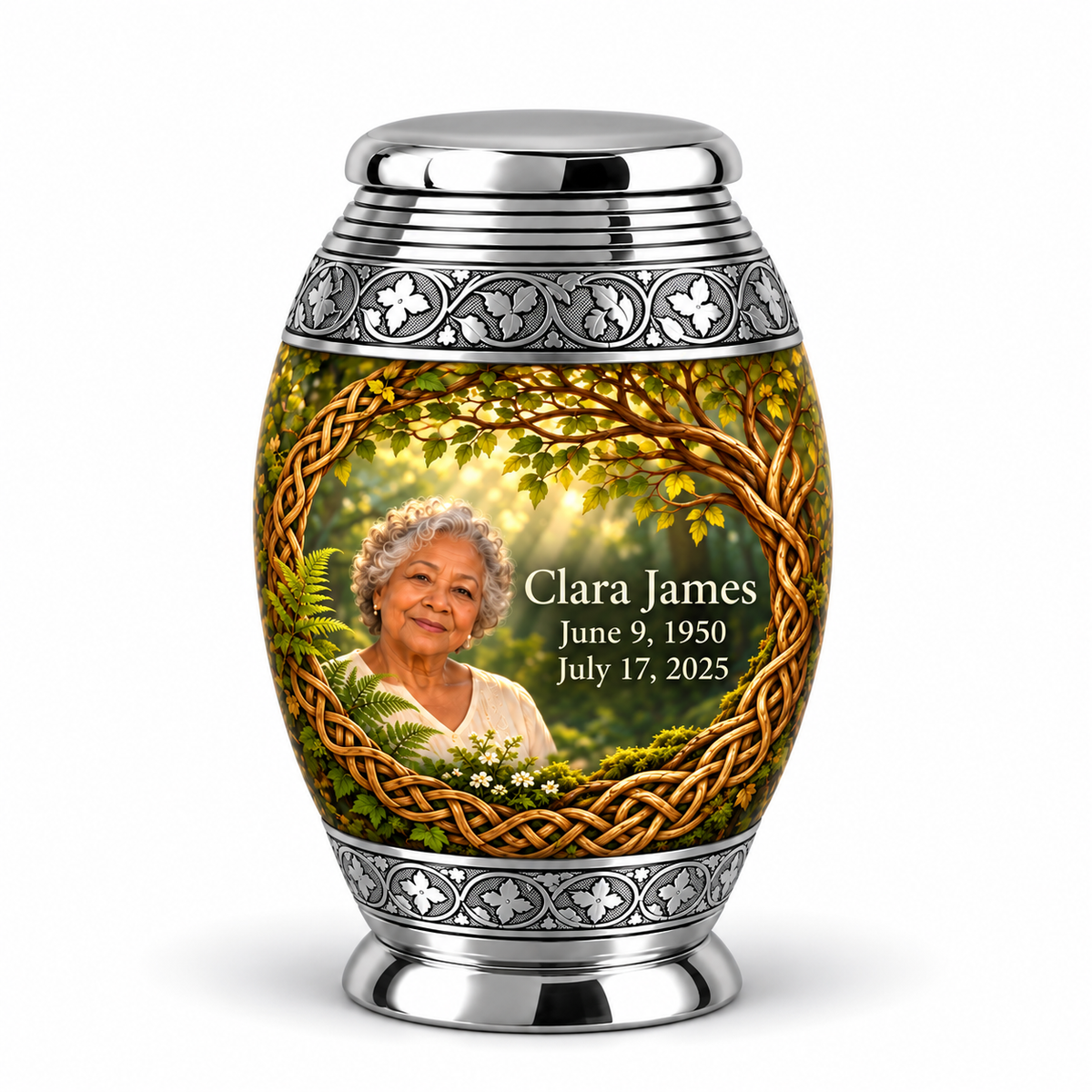 Personalized Tree of Life Monar urn, 1 Keepsake 3 inch Urn; matching example portrait and full memorial dates