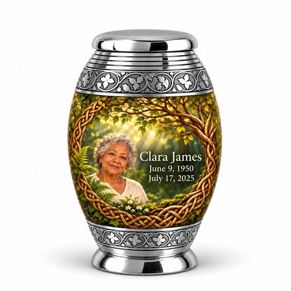 Personalized Tree of Life Monar urn, 1 Keepsake 3 inch Urn; matching example portrait and full memorial dates