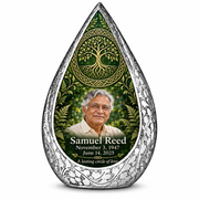 Personalized Tree of Life Straight Drop urn, 10 inch large Urn; matching example portrait and full memorial dates