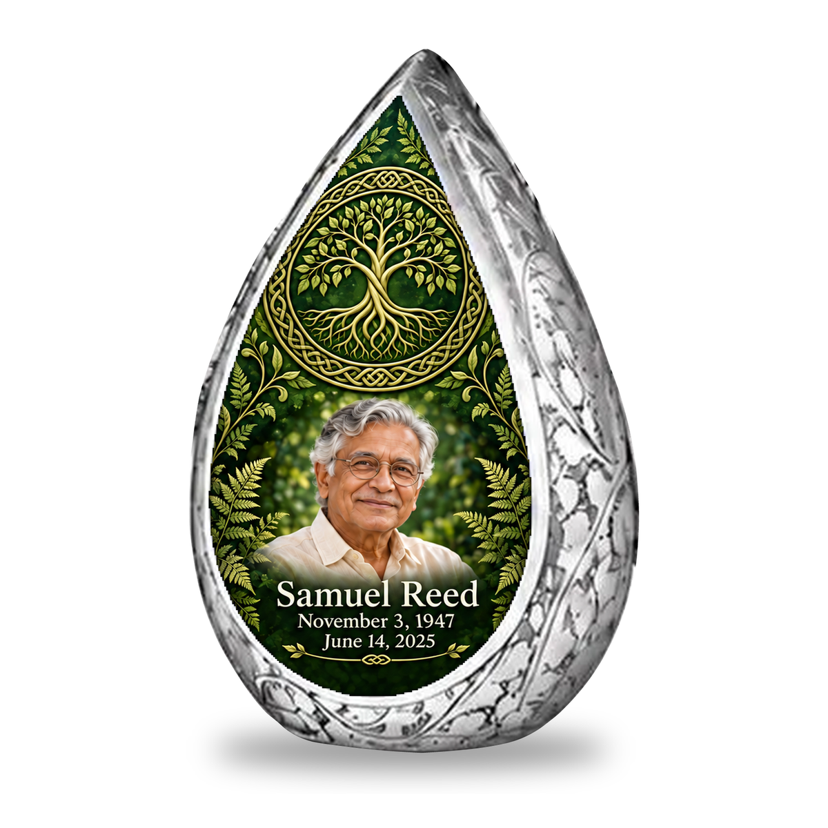 Personalized Tree of Life Straight Drop urn, 1 Keepsake 3 inch Urn; matching example portrait and full memorial dates
