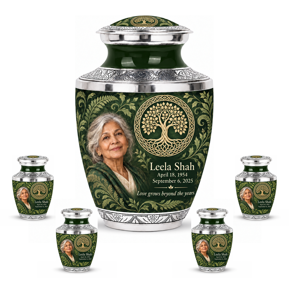 Personalized Tree of Life Tasty urn, 10 inch large Urn with 4 Keepsake 3 Inch Urns; matching example portrait and full memorial dates