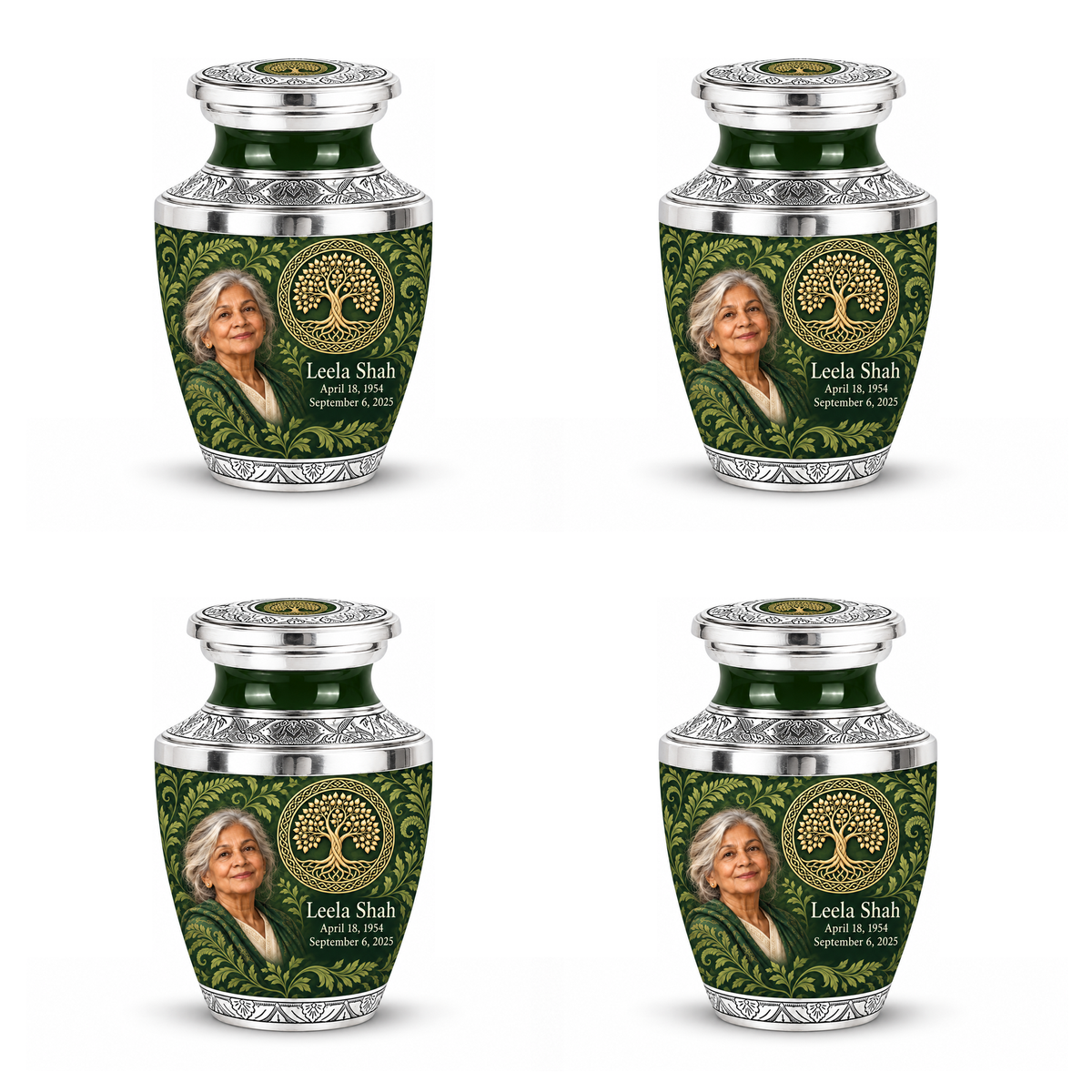 Personalized Tree of Life Tasty urn, 4 Keepsake 3 inch Urns; matching example portrait and full memorial dates