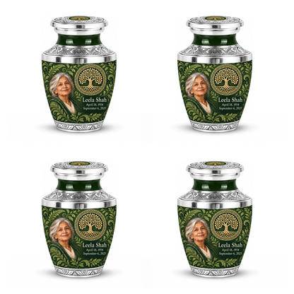 Personalized Tree of Life Tasty urn, 4 Keepsake 3 inch Urns; matching example portrait and full memorial dates