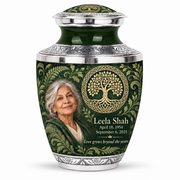 Personalized Tree of Life Tasty urn, 10 inch large Urn; matching example portrait and full memorial dates