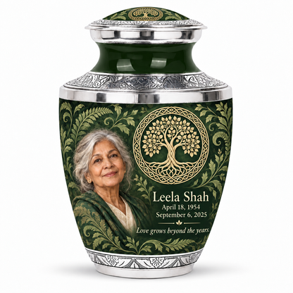 Personalized Tree of Life Tasty urn, 10 inch large Urn; matching example portrait and full memorial dates