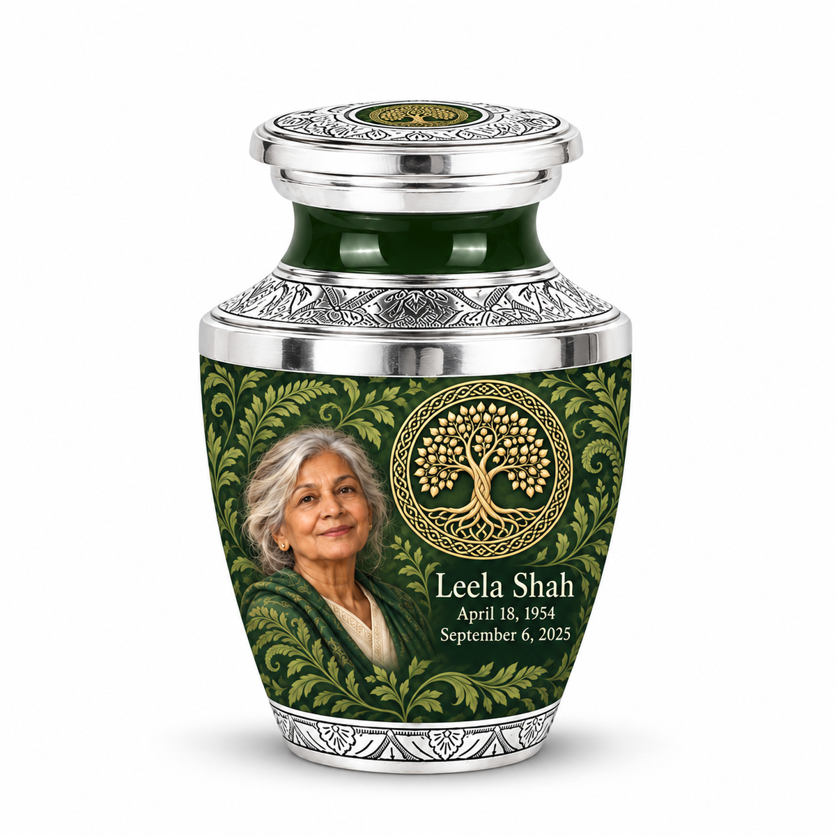 Personalized Tree of Life Tasty urn, 1 Keepsake 3 inch Urn; matching example portrait and full memorial dates