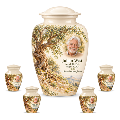 Personalized Tree of Life Classic urn, 10 inch large Urn with 4 Keepsake 3 Inch Urns; fictional portrait example