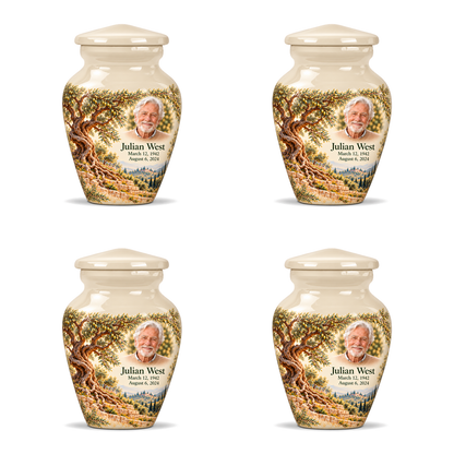 Personalized Tree of Life Classic urn, 4 Keepsake 3 inch Urns; fictional portrait example