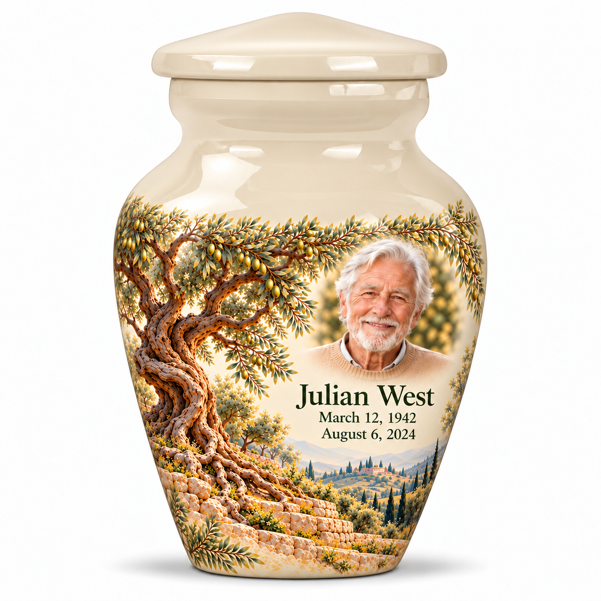 Personalized Tree of Life Classic urn, 1 Keepsake 3 inch Urn; fictional portrait example