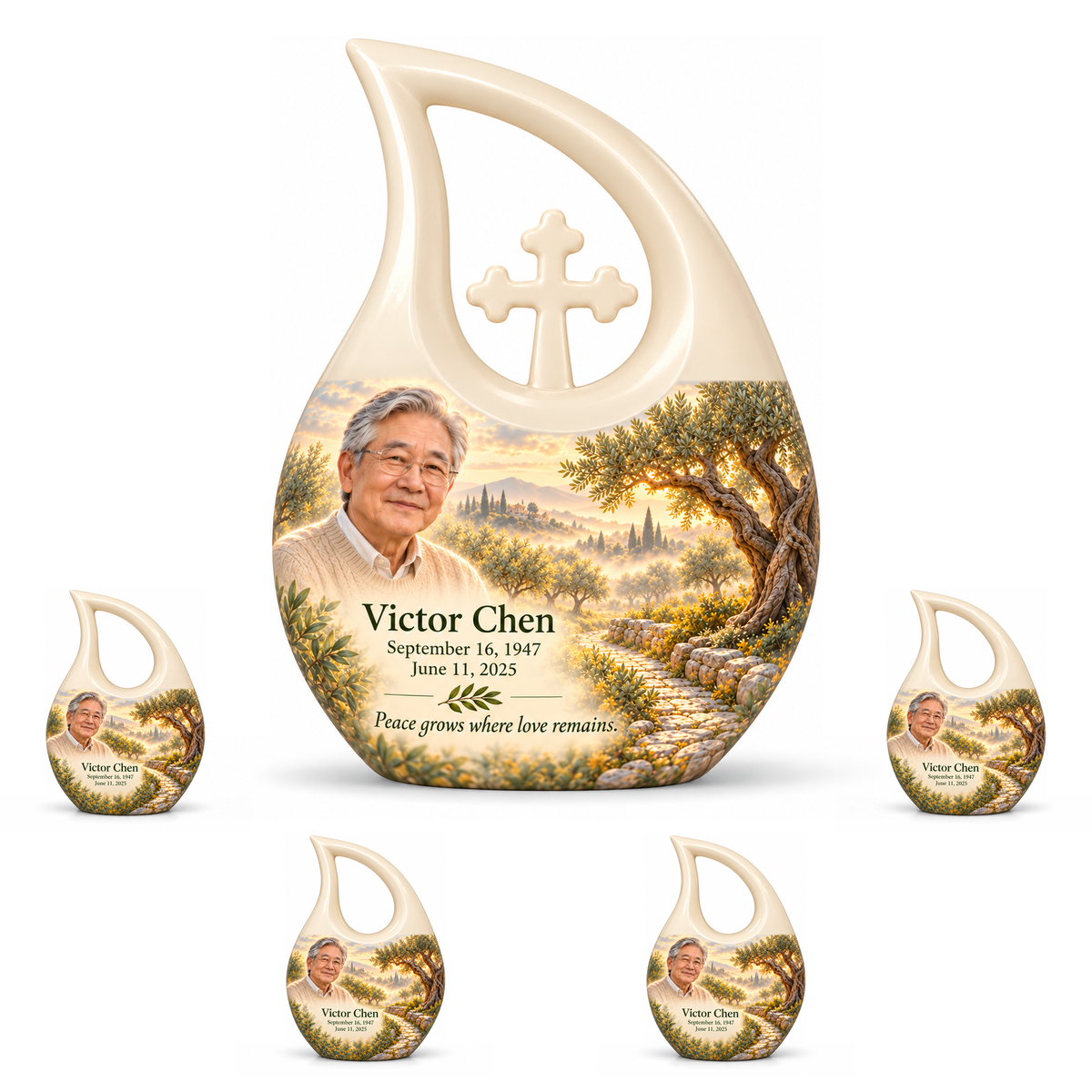 Personalized Tree of Life Cross Drop urn, 10 inch large Urn with 4 Keepsake 3 Inch Urns; matching example portrait and full memorial dates