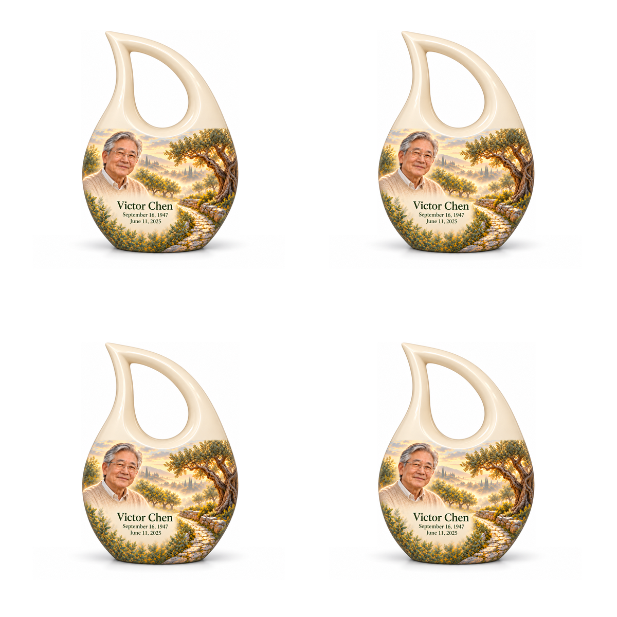 Personalized Tree of Life Cross Drop urn, 4 Keepsake 3 inch Urns; matching example portrait and full memorial dates