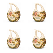 Personalized Tree of Life Cross Drop urn, 4 Keepsake 3 inch Urns; matching example portrait and full memorial dates