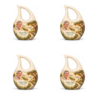 Personalized Tree of Life Cross Drop urn, 4 Keepsake 3 inch Urns; matching example portrait and full memorial dates