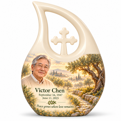 Personalized Tree of Life Cross Drop urn, 10 inch large Urn; matching example portrait and full memorial dates