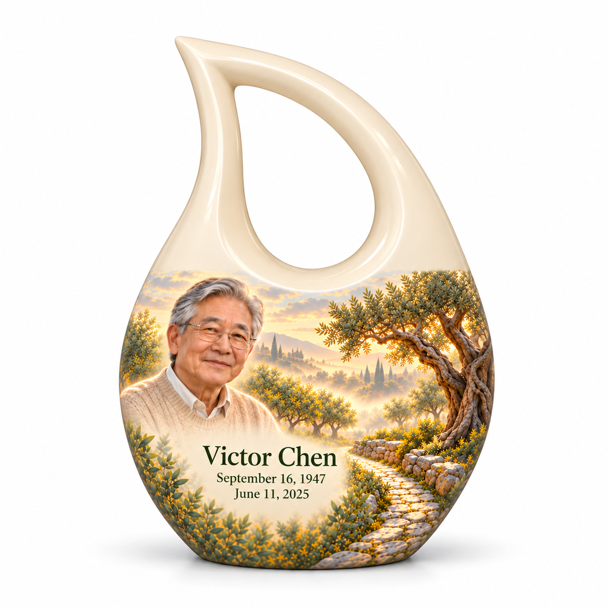 Personalized Tree of Life Cross Drop urn, 1 Keepsake 3 inch Urn; matching example portrait and full memorial dates