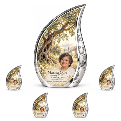 Personalized Tree of Life Curved Drop urn, 10 inch large Urn with 4 Keepsake 3 Inch Urns; matching example portrait and full memorial dates