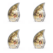 Personalized Tree of Life Curved Drop urn, 4 Keepsake 3 inch Urns; matching example portrait and full memorial dates