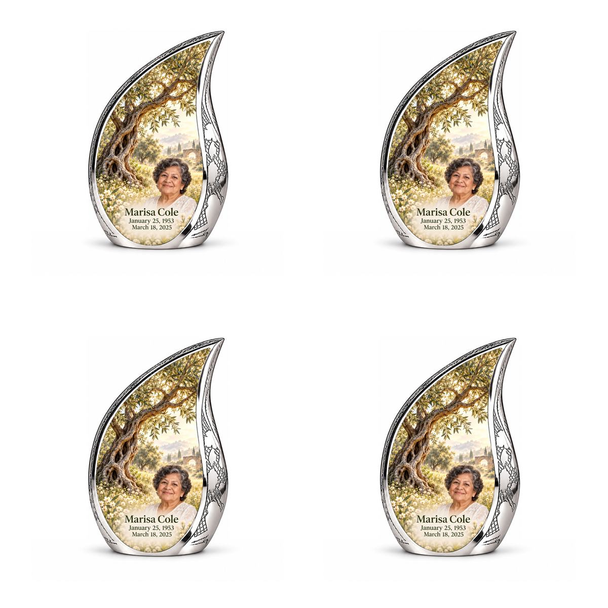 Personalized Tree of Life Curved Drop urn, 4 Keepsake 3 inch Urns; matching example portrait and full memorial dates