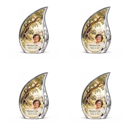 Personalized Tree of Life Curved Drop urn, 4 Keepsake 3 inch Urns; matching example portrait and full memorial dates