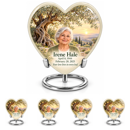 Personalized Tree of Life Heart urn, 10 inch large Urn with 4 Keepsake 3 Inch Urns; matching example portrait and full memorial dates