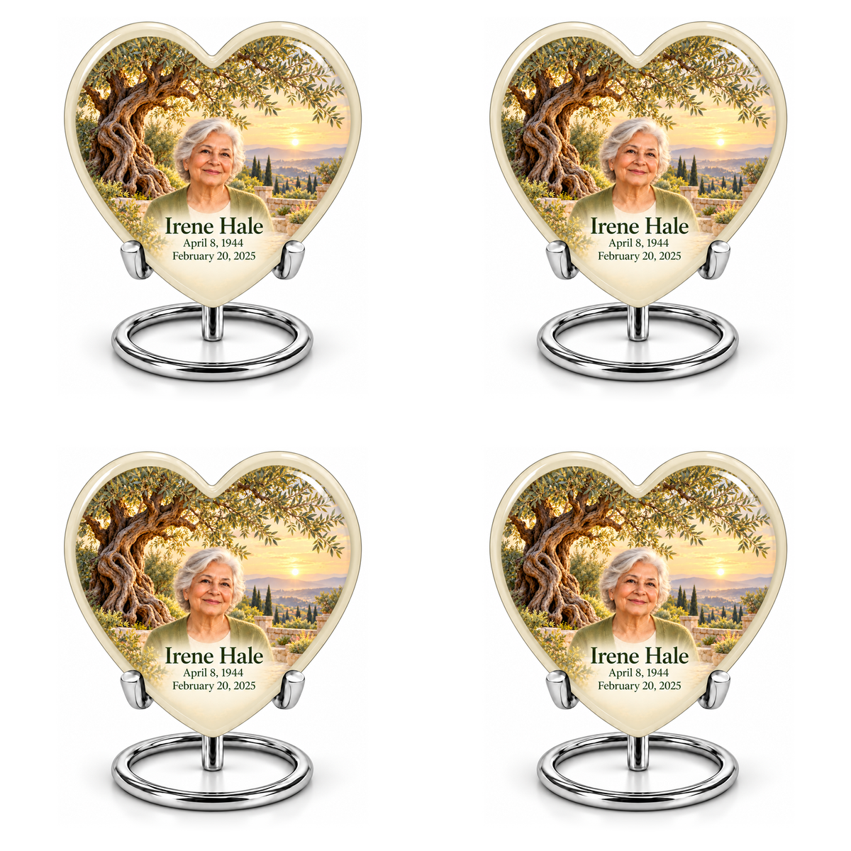 Personalized Tree of Life Heart urn, 4 Keepsake 3 inch Urns; matching example portrait and full memorial dates