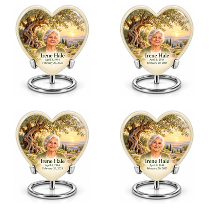Personalized Tree of Life Heart urn, 4 Keepsake 3 inch Urns; matching example portrait and full memorial dates