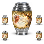 Personalized Tree of Life Monar urn, 10 inch large Urn with 4 Keepsake 3 Inch Urns; matching example portrait and full memorial dates