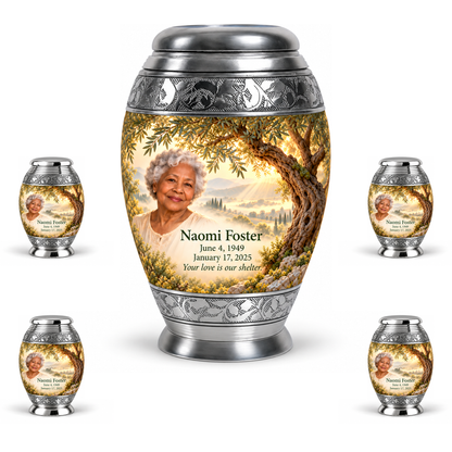 Personalized Tree of Life Monar urn, 10 inch large Urn with 4 Keepsake 3 Inch Urns; matching example portrait and full memorial dates