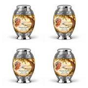 Personalized Tree of Life Monar urn, 4 Keepsake 3 inch Urns; matching example portrait and full memorial dates
