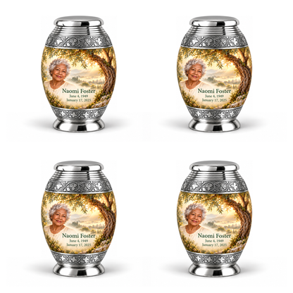 Personalized Tree of Life Monar urn, 4 Keepsake 3 inch Urns; matching example portrait and full memorial dates