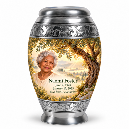 Personalized Tree of Life Monar urn, 10 inch large Urn; matching example portrait and full memorial dates