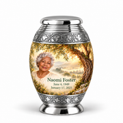 Personalized Tree of Life Monar urn, 1 Keepsake 3 inch Urn; matching example portrait and full memorial dates