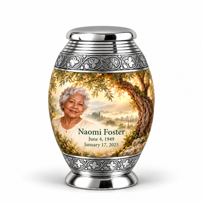 Personalized Tree of Life Monar urn, 1 Keepsake 3 inch Urn; matching example portrait and full memorial dates
