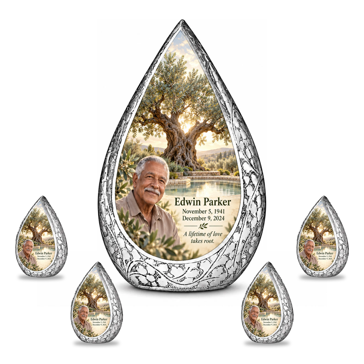 Personalized Tree of Life Straight Drop urn, 10 inch large Urn with 4 Keepsake 3 Inch Urns; fictional portrait example