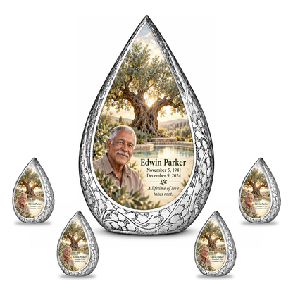 Personalized Tree of Life Straight Drop urn, 10 inch large Urn with 4 Keepsake 3 Inch Urns; fictional portrait example