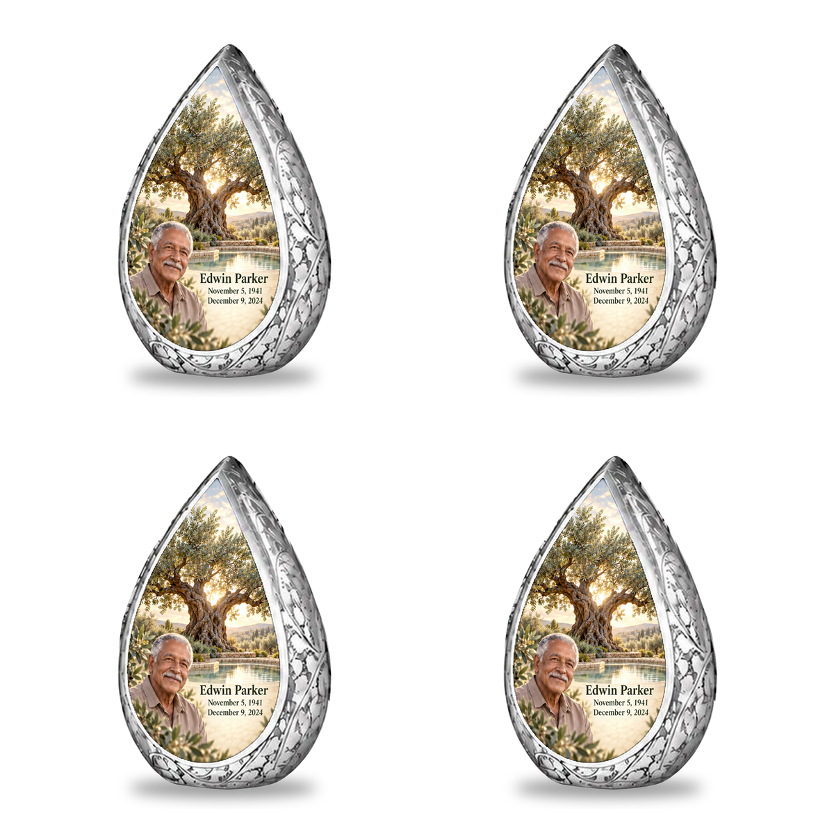 Personalized Tree of Life Straight Drop urn, 4 Keepsake 3 inch Urns; fictional portrait example