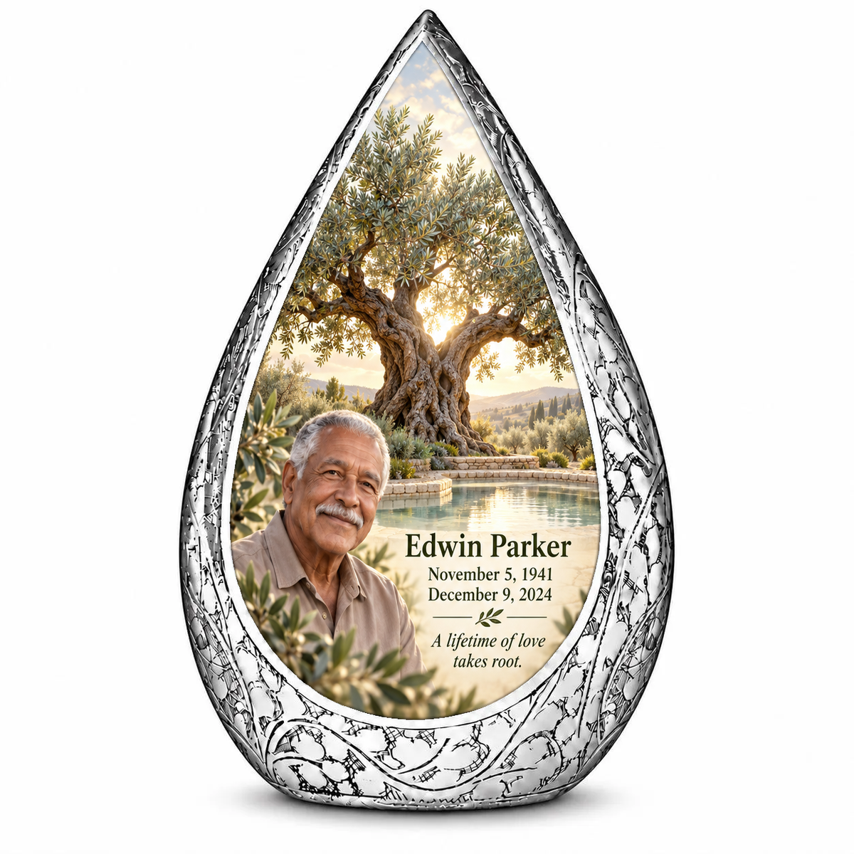 Personalized Tree of Life Straight Drop urn, 10 inch large Urn; fictional portrait example